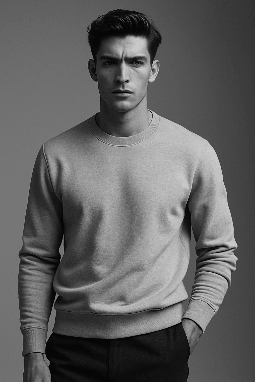 Model wearing a crew neck sweatshirt