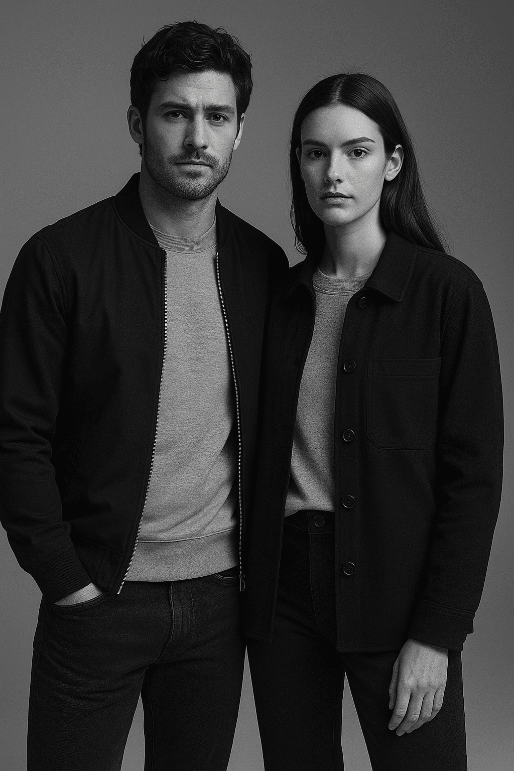 Two models wearing an overshirt and a bomber jacket